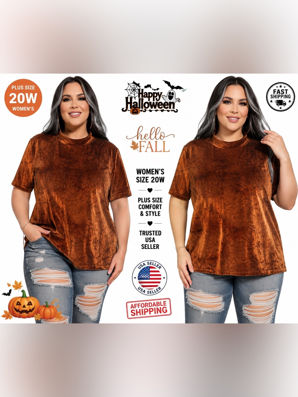 Apparenza Orange Velvet Top Women’s Size 20W Plus Fall Halloween Short Sleeve